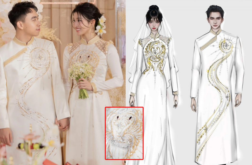 Cận cảnh cặp áo dài ăn hỏi của vợ chồng á hậu Phương Nhi: ‘Thêu tay 100%, đính kết hơn 200 viên đá cực quý hiếm, mang một ý nghĩa chỉ có giới thượng lưu mới nghĩ ra’