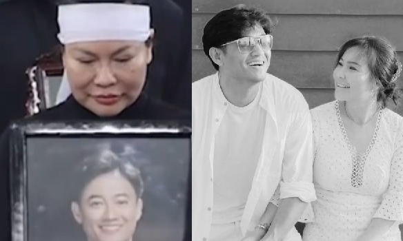 Vợ Quý Bình trong lễ di quan, cứ ôm ảnh chồng mà khóc nấc: ‘Anh kì lắm, hứa đẻ cho đứa con sẽ hết bệnh, mà sao anh không chịu hết. Anh tệ lắm’